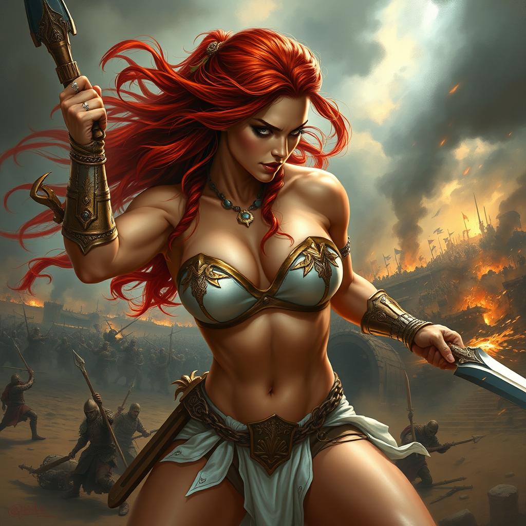 A captivating and fierce red-haired, fair-skinned warrior woman, inspired by the art style of Boris Vallejo, engaged in an intense fight scene