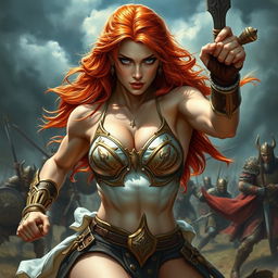 A captivating and fierce red-haired, fair-skinned warrior woman, inspired by the art style of Boris Vallejo, engaged in an intense fight scene