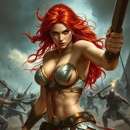 A captivating and fierce red-haired, fair-skinned warrior woman, inspired by the art style of Boris Vallejo, engaged in an intense fight scene