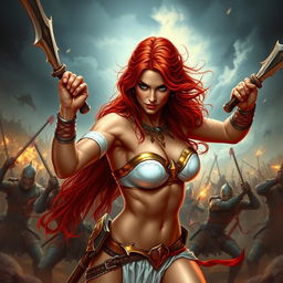 A captivating and fierce red-haired, fair-skinned warrior woman, inspired by the art style of Boris Vallejo, engaged in an intense fight scene