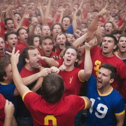 Crowd of passionate football fans arguing with lots of energy, wearing their team colors, in a safe and non-violent setting.