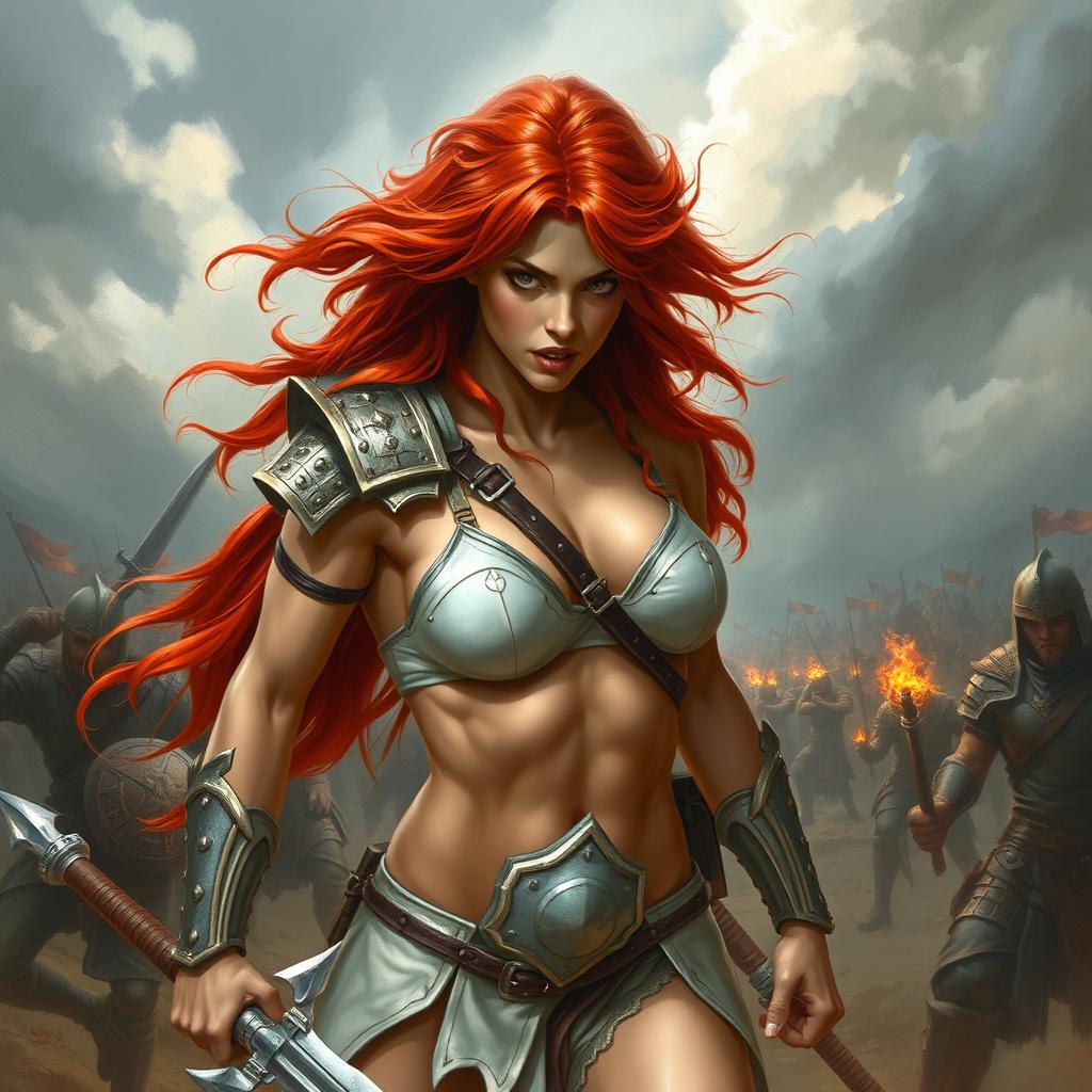 A full-body depiction of a captivating and fierce red-haired, fair-skinned warrior woman, inspired by the art style of Boris Vallejo