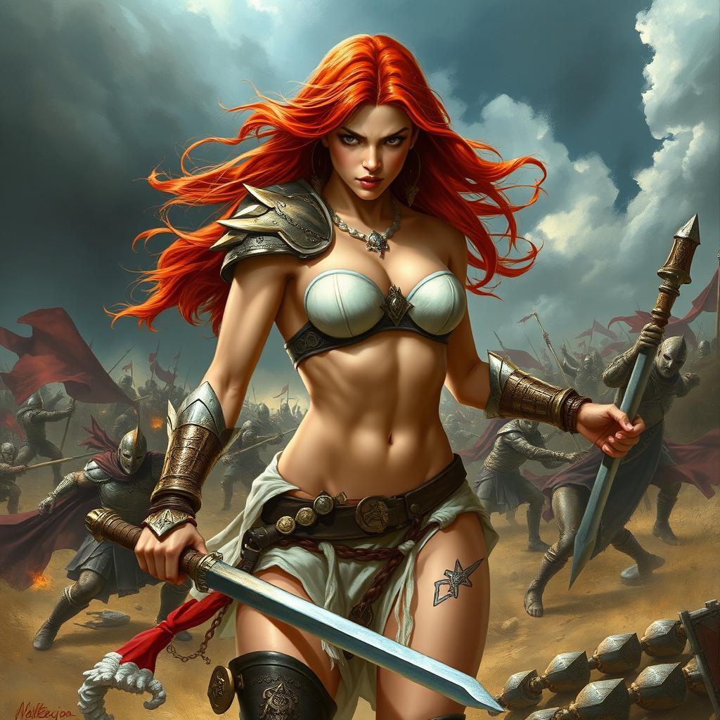 A full-body depiction of a captivating and fierce red-haired, fair-skinned warrior woman, inspired by the art style of Boris Vallejo