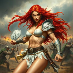 A full-body depiction of a captivating and fierce red-haired, fair-skinned warrior woman, inspired by the art style of Boris Vallejo