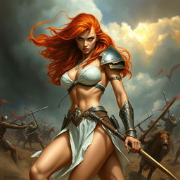 A full-body depiction of a captivating and fierce red-haired, fair-skinned warrior woman, inspired by the art style of Boris Vallejo