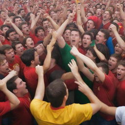 Crowd of passionate football fans arguing with lots of energy, wearing their team colors, in a safe and non-violent setting.