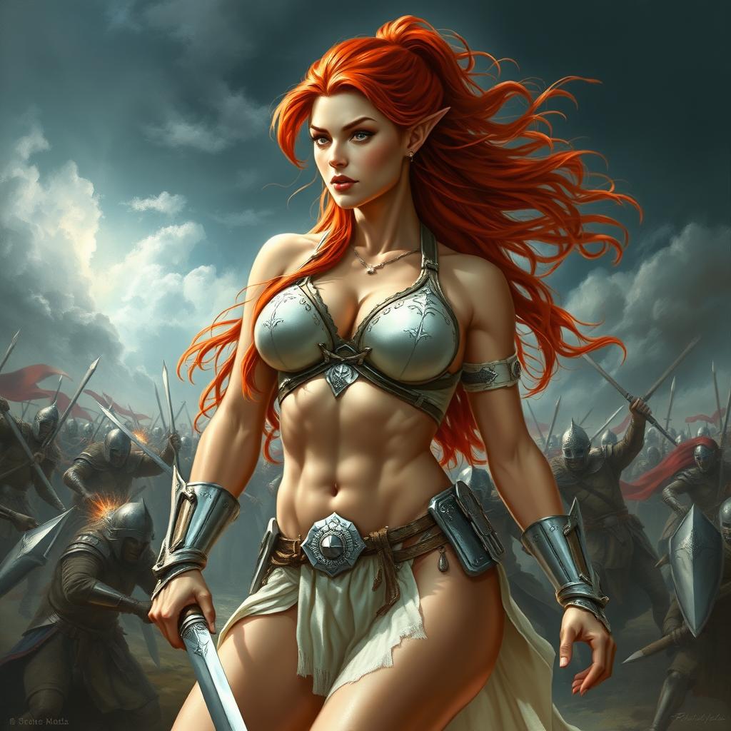 A full-body depiction of a captivating and fierce red-haired, fair-skinned warrior woman, inspired by the art style of Boris Vallejo