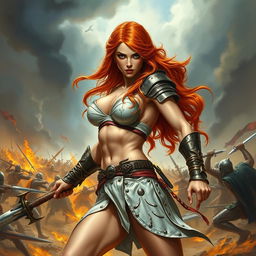 A full-body depiction of a captivating and fierce red-haired, fair-skinned warrior woman, inspired by the art style of Boris Vallejo