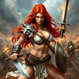 A full-body depiction of a captivating and fierce red-haired, fair-skinned warrior woman, inspired by the art style of Boris Vallejo