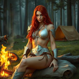 A full-body depiction of a captivating and alluring red-haired, fair-skinned warrior woman, inspired by the art style of Boris Vallejo