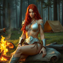 A full-body depiction of a captivating and alluring red-haired, fair-skinned warrior woman, inspired by the art style of Boris Vallejo