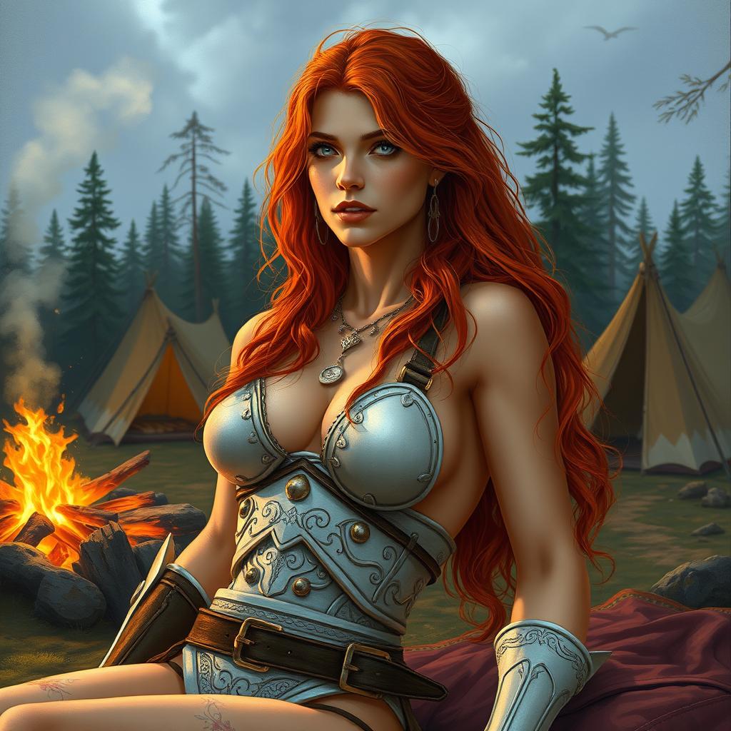 A full-body depiction of a captivating and alluring red-haired, fair-skinned warrior woman, inspired by the art style of Boris Vallejo