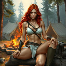 A full-body depiction of a captivating and alluring red-haired, fair-skinned warrior woman, inspired by the art style of Boris Vallejo