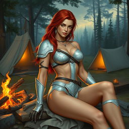 A full-body depiction of a captivating and alluring red-haired, fair-skinned warrior woman, inspired by the art style of Boris Vallejo