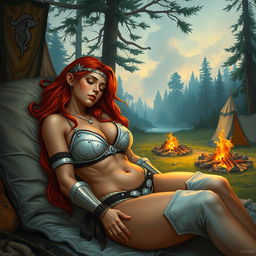 A full-body depiction of a captivating and alluring red-haired, fair-skinned warrior woman, inspired by the art style of Boris Vallejo