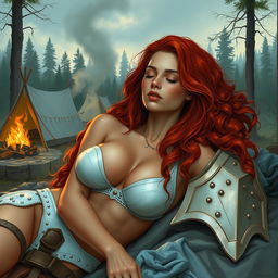 A full-body depiction of a captivating and alluring red-haired, fair-skinned warrior woman, inspired by the art style of Boris Vallejo