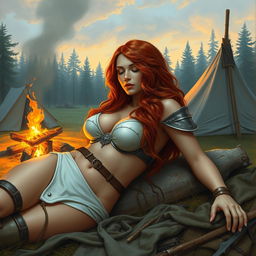 A full-body depiction of a captivating and alluring red-haired, fair-skinned warrior woman, inspired by the art style of Boris Vallejo