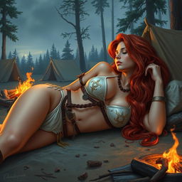 A full-body depiction of a captivating and alluring red-haired, fair-skinned warrior woman, inspired by the art style of Boris Vallejo