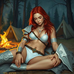 A full-body depiction of a captivating and alluring red-haired, fair-skinned warrior woman, inspired by the art style of Boris Vallejo