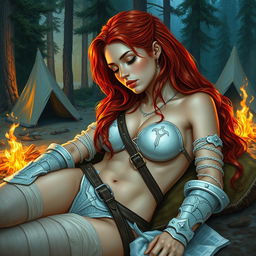 A full-body depiction of a captivating and alluring red-haired, fair-skinned warrior woman, inspired by the art style of Boris Vallejo