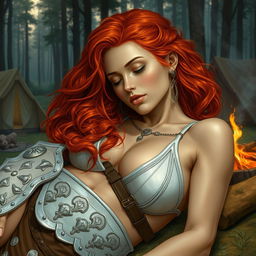 A full-body depiction of a captivating and alluring red-haired, fair-skinned warrior woman, inspired by the art style of Boris Vallejo