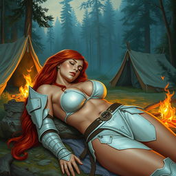 A full-body depiction of a captivating and alluring red-haired, fair-skinned warrior woman, inspired by the art style of Boris Vallejo