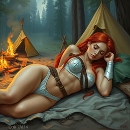 A full-body depiction of a captivating and alluring red-haired, fair-skinned warrior woman, inspired by the art style of Boris Vallejo