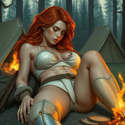 A full-body depiction of a captivating and alluring red-haired, fair-skinned warrior woman, inspired by the art style of Boris Vallejo