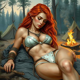 A full-body depiction of a captivating and alluring red-haired, fair-skinned warrior woman, inspired by the art style of Boris Vallejo