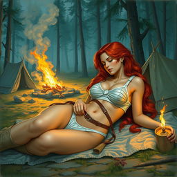 A full-body depiction of a captivating and alluring red-haired, fair-skinned warrior woman, inspired by the art style of Boris Vallejo