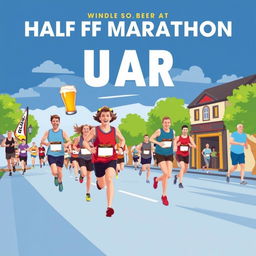 Create a Facebook event cover photo for an event where participants run a half marathon and stop a few times along the way at pubs for a beer