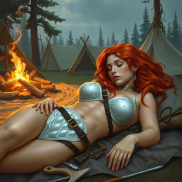 A full-body depiction of a captivating and alluring red-haired, fair-skinned warrior woman, inspired by the art style of Boris Vallejo