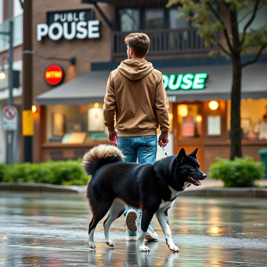 A young man wearing a brown hoody and blue jeans with white high tops is walking away from a public house