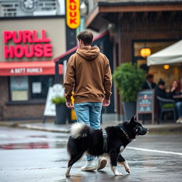 A young man wearing a brown hoody and blue jeans with white high tops is walking away from a public house