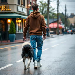 A young man wearing a brown hoody and blue jeans with white high tops is walking away from a public house