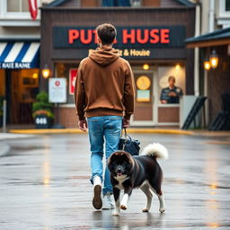 A young man wearing a brown hoody and blue jeans with white high tops is walking away from a public house