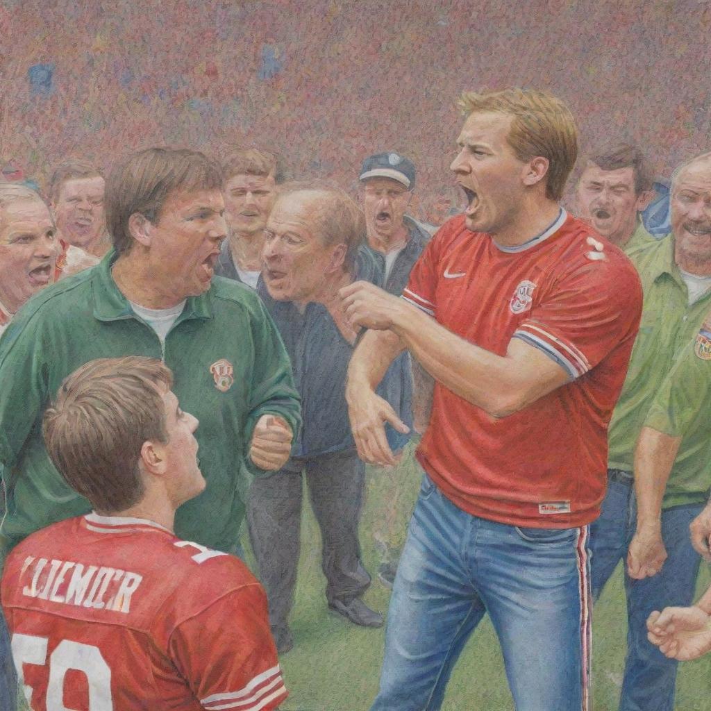 The previous scene of passionate football fans arguing, transformed into a vividly detailed colored pencil sketch.