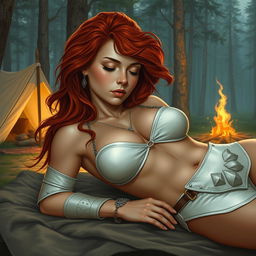 A full-body depiction of a captivating and alluring red-haired, fair-skinned warrior woman, inspired by the art style of Boris Vallejo