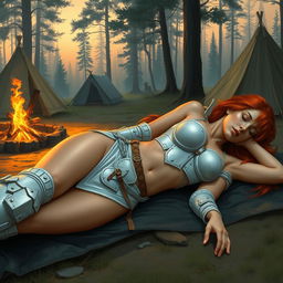 A full-body depiction of a captivating and alluring red-haired, fair-skinned warrior woman, inspired by the art style of Boris Vallejo