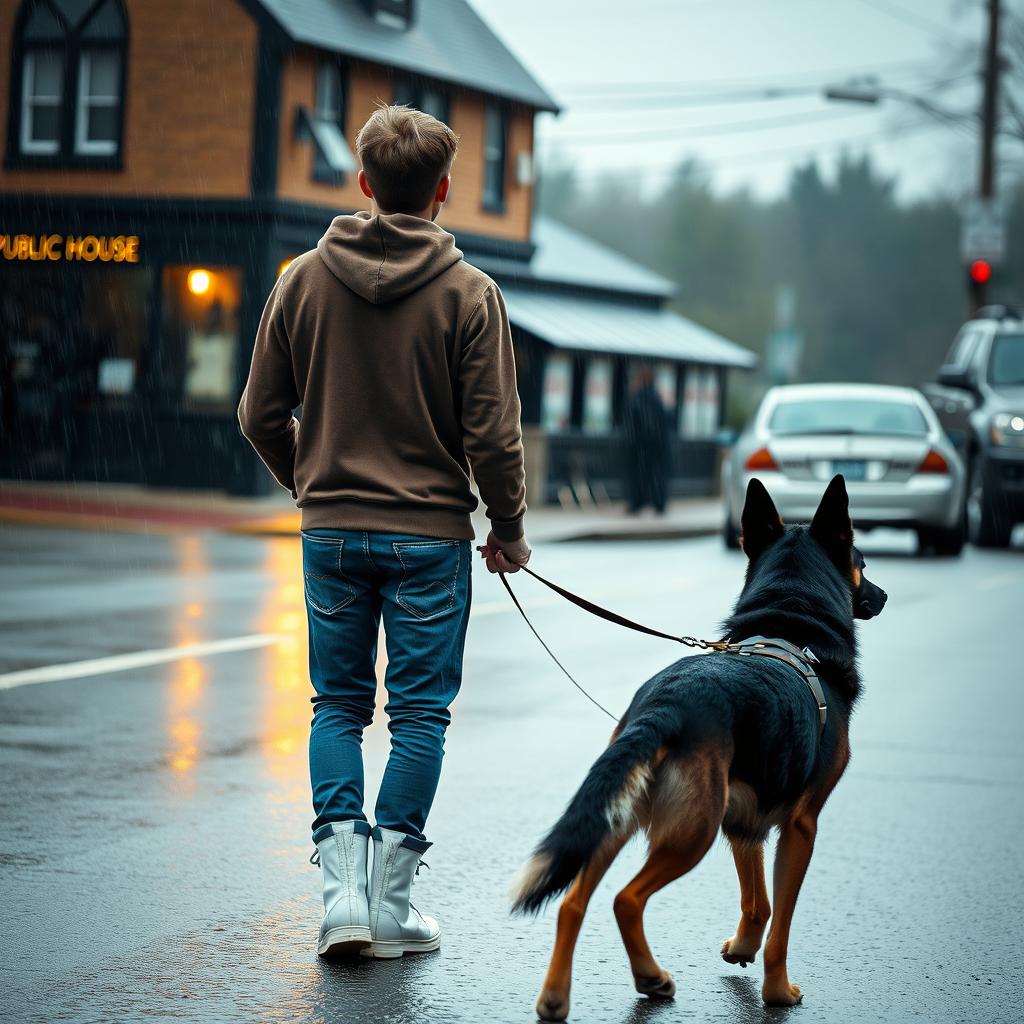 A young man wearing a brown hoody and blue jeans with white high tops is walking away from a public house