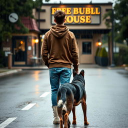 A young man wearing a brown hoody and blue jeans with white high tops is walking away from a public house