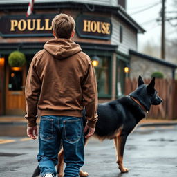 A young man wearing a brown hoody and blue jeans with white high tops is walking away from a public house