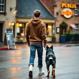 A young man wearing a brown hoody and blue jeans with white high tops is walking away from a public house