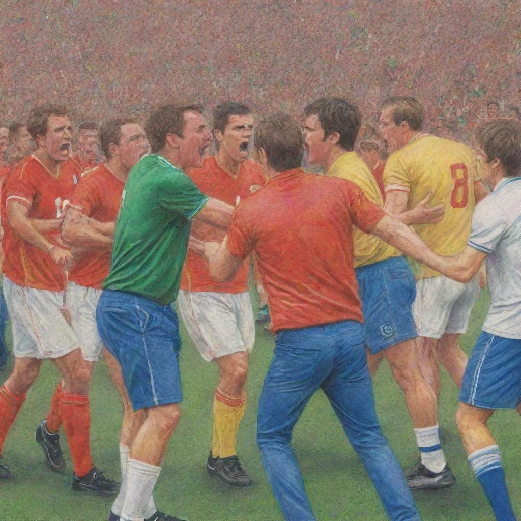 The previous scene of passionate football fans arguing, transformed into a vividly detailed colored pencil sketch.