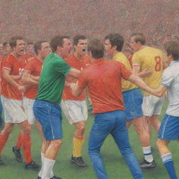 The previous scene of passionate football fans arguing, transformed into a vividly detailed colored pencil sketch.