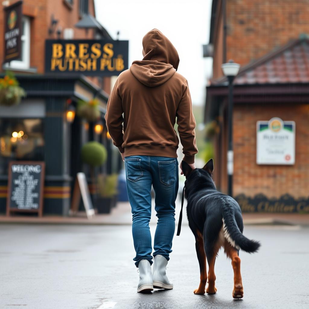 A young man is walking away from a British pub, wearing a brown hoody with the hood up, blue jeans, and white high tops