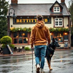 A young man is walking away from a British pub, wearing a brown hoody with the hood up, blue jeans, and white high tops