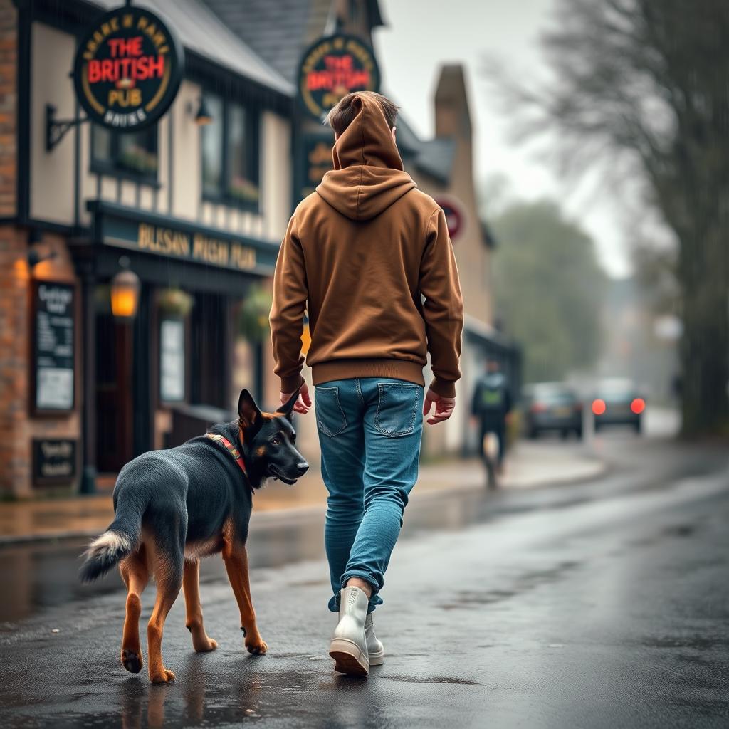 A young man is walking away from a British pub, wearing a brown hoody with the hood up, blue jeans, and white high tops