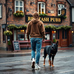 A young man is walking away from a British pub, wearing a brown hoody with the hood up, blue jeans, and white high tops