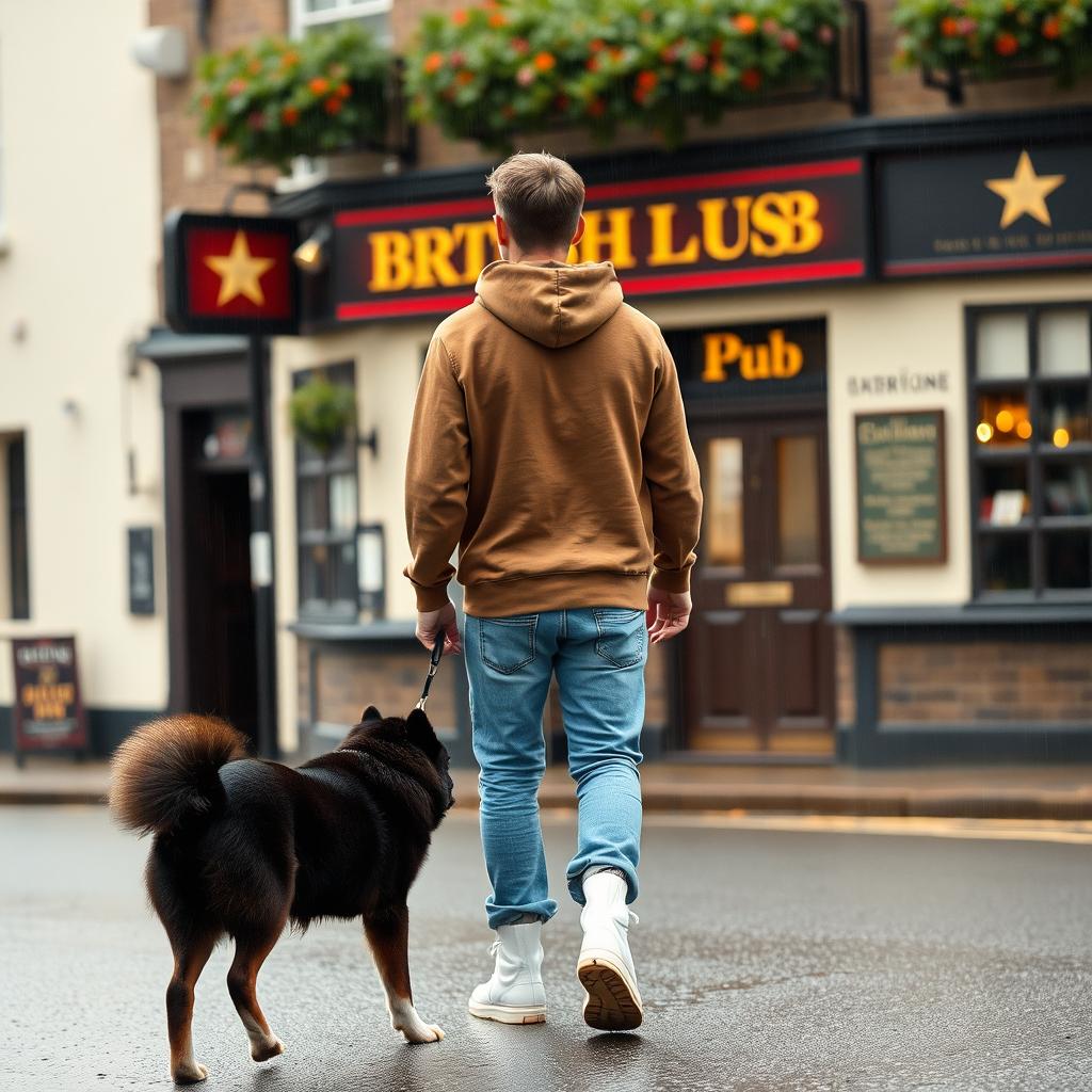 A young man is walking away from a British pub, wearing a brown hoody with the hood up, blue jeans, and white high tops